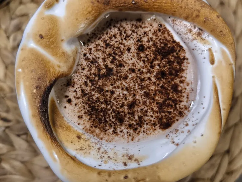 Halo Hot Chocolate topped with toasted marshmallow and cocoa at WoMo, Fremantle