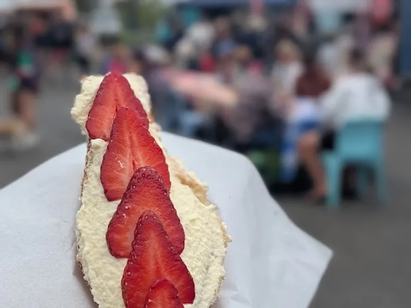 Strawberry sando with cream and fresh strawberries at WoMo, Fremantle Markets